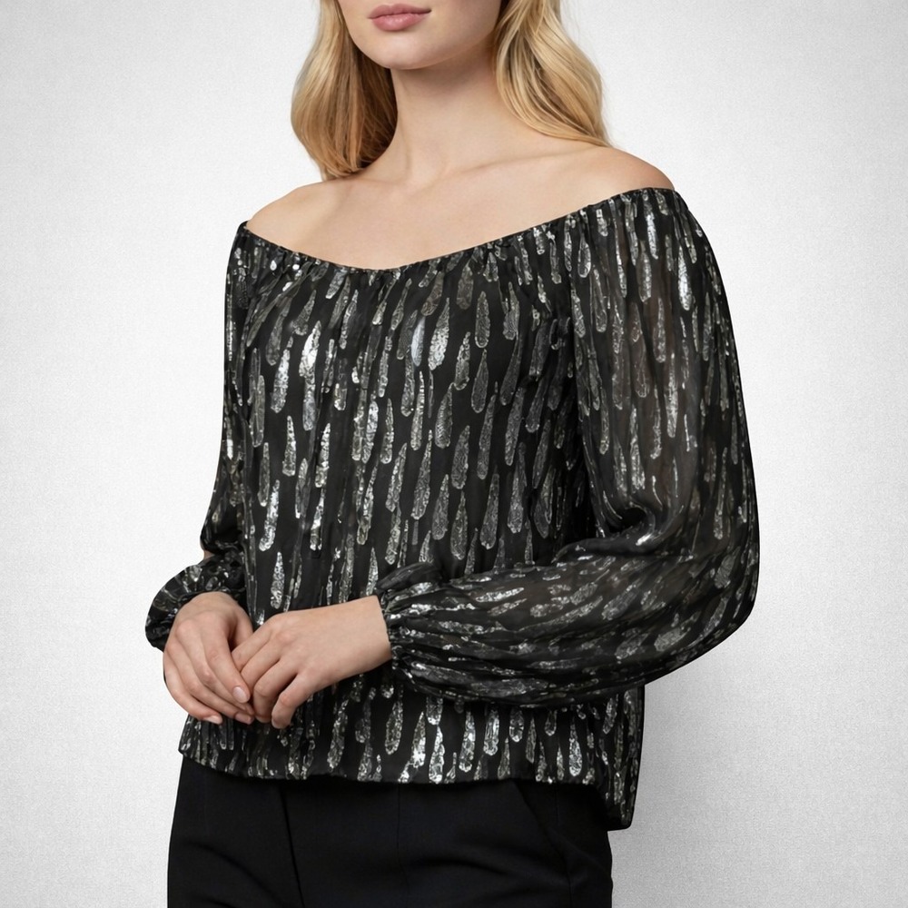 White House Black Market Silk Metallic Top XS Black Silver Lined Off Shoulder